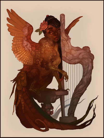 fantasy character illustration of a griffon sphinx sitting on a stool with a harp