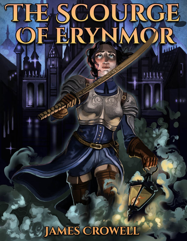 a dark fantasy book cover illustration featuring an armored character holding a sword against a city background