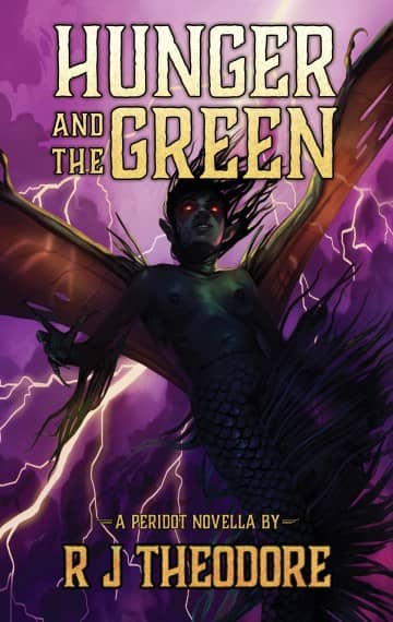 a purple, green, and yellow fantasy book cover featuring a merperson with wings surrounded by lighting