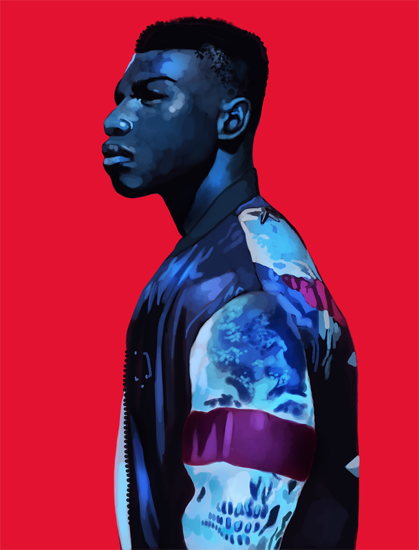 a portrait study of john boyega with bold blue and red colors