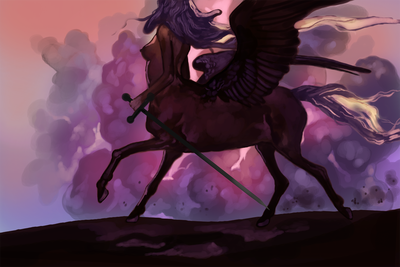a winged centaur running against a pink cloudy backdrop