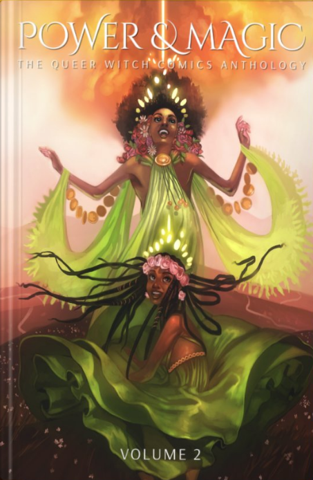 a fantasy book cover illustration featuring two witches with green dresses in an orange field